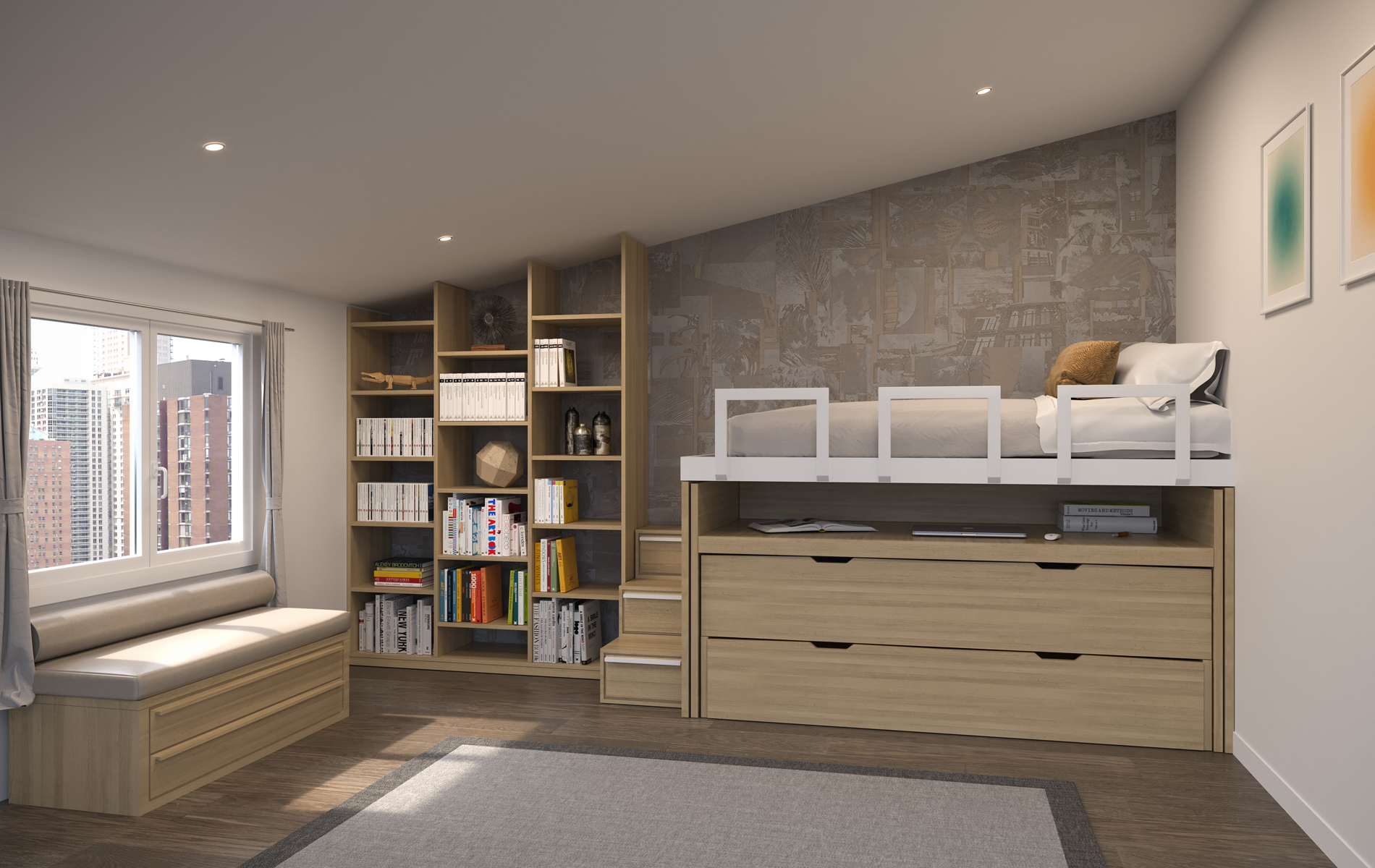 Pull-out SpazioBed: two beds, desk and storage drawers