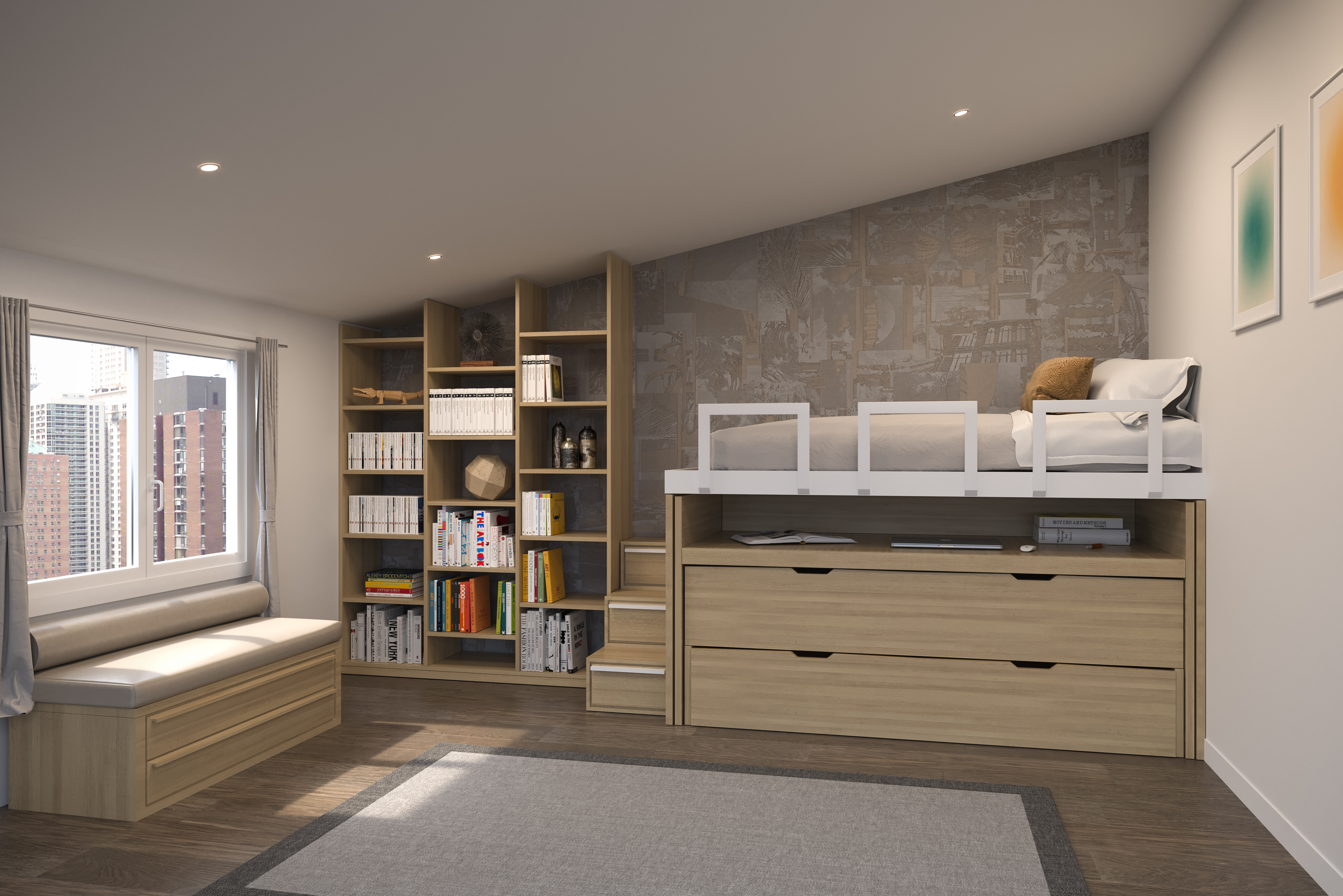 SPAZIOBED_ Lit Gain de Place: Deux lits, un bureau et deux tiroirs