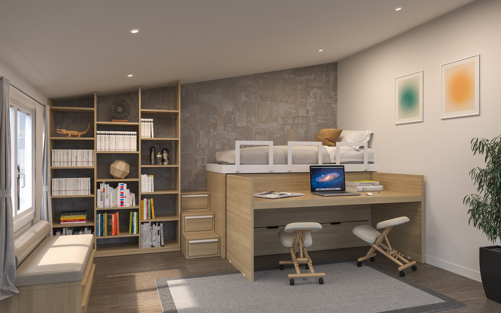 Pull-out SpazioBed: two beds, desk and storage drawers
