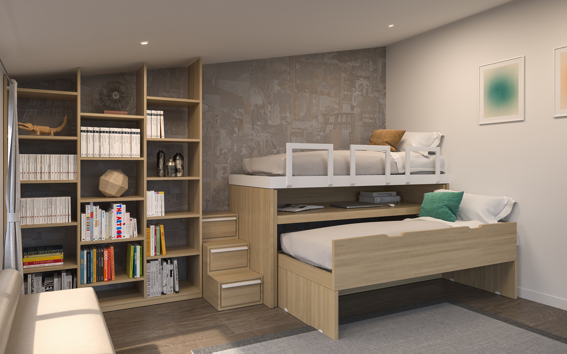 Pull-out SpazioBed: two beds, desk and storage drawers