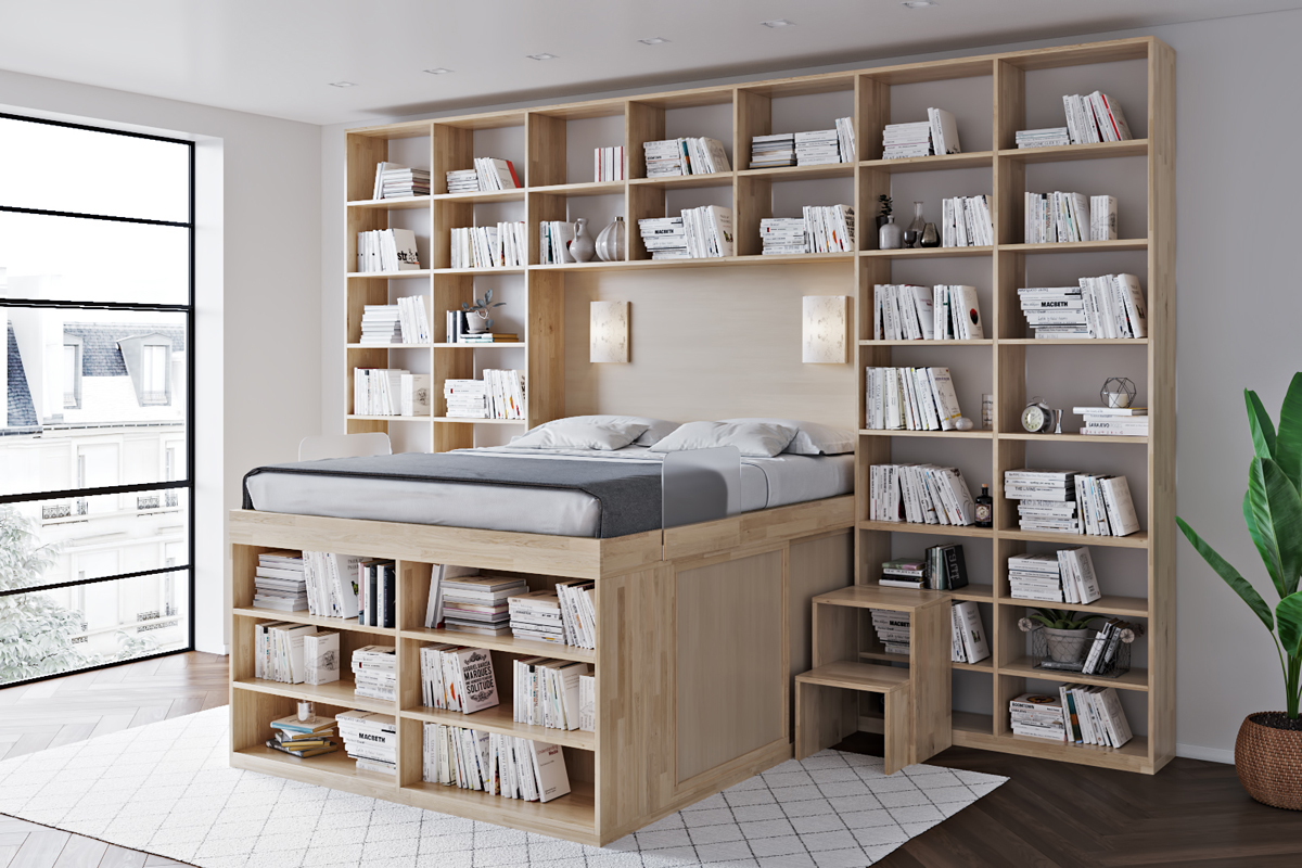 Letto biblioteca con libreria e scaffali, Letto salvaspazio contenitore, in legno, design innovativo