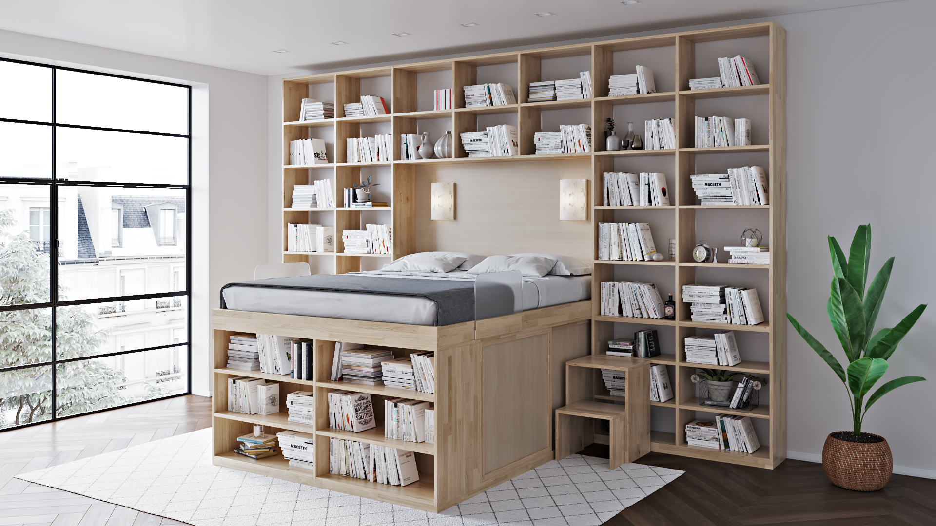 Moderna camera da letto con libreria con scaffali e letto Biblioteca di Cinius