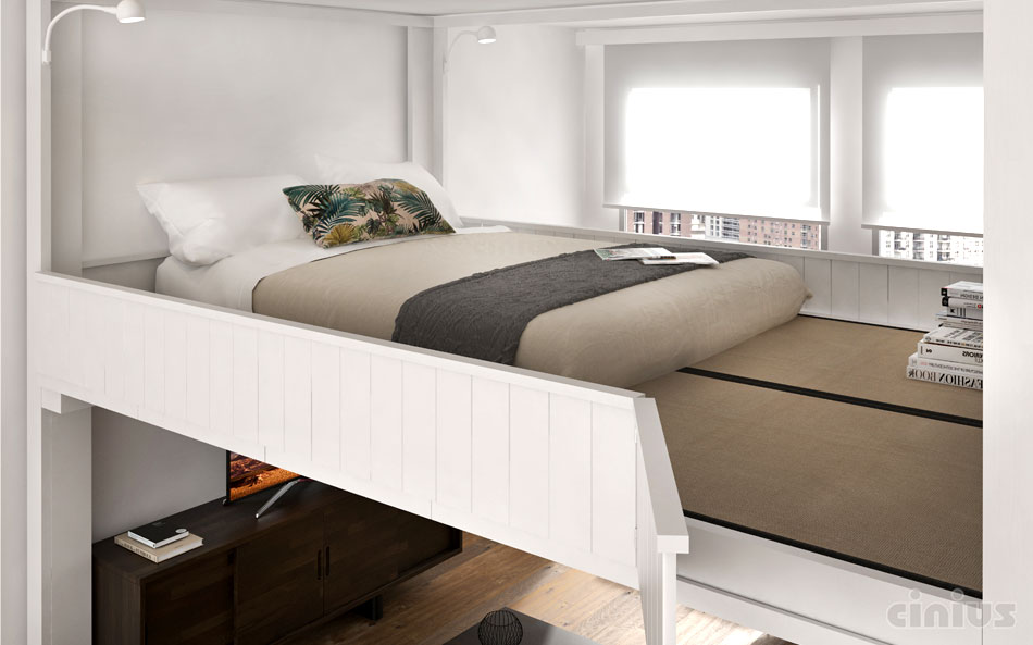 camera con letto a soppalco Rising di Cinius bianco con parapetto pieno