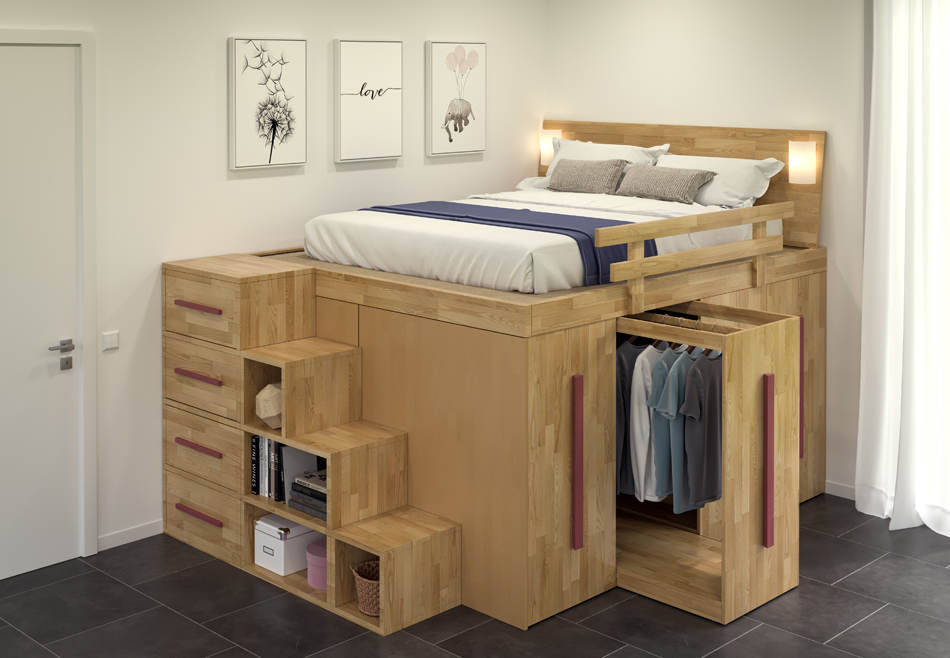 Letto con carrelli armadio estraibili, Letto salvaspazio contenitore, in legno, design innovativo