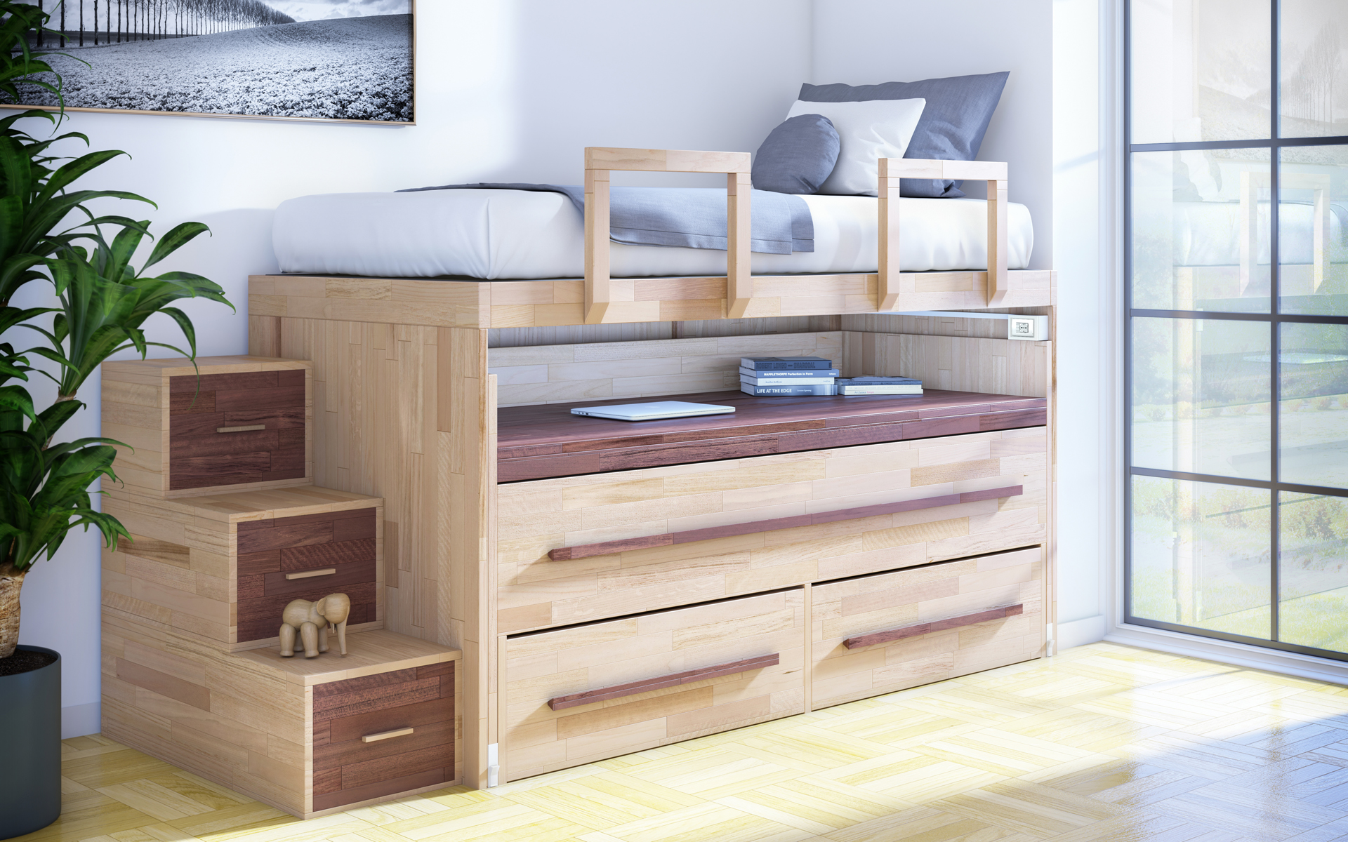 Pull-out SpazioBed: two beds, desk and storage drawers