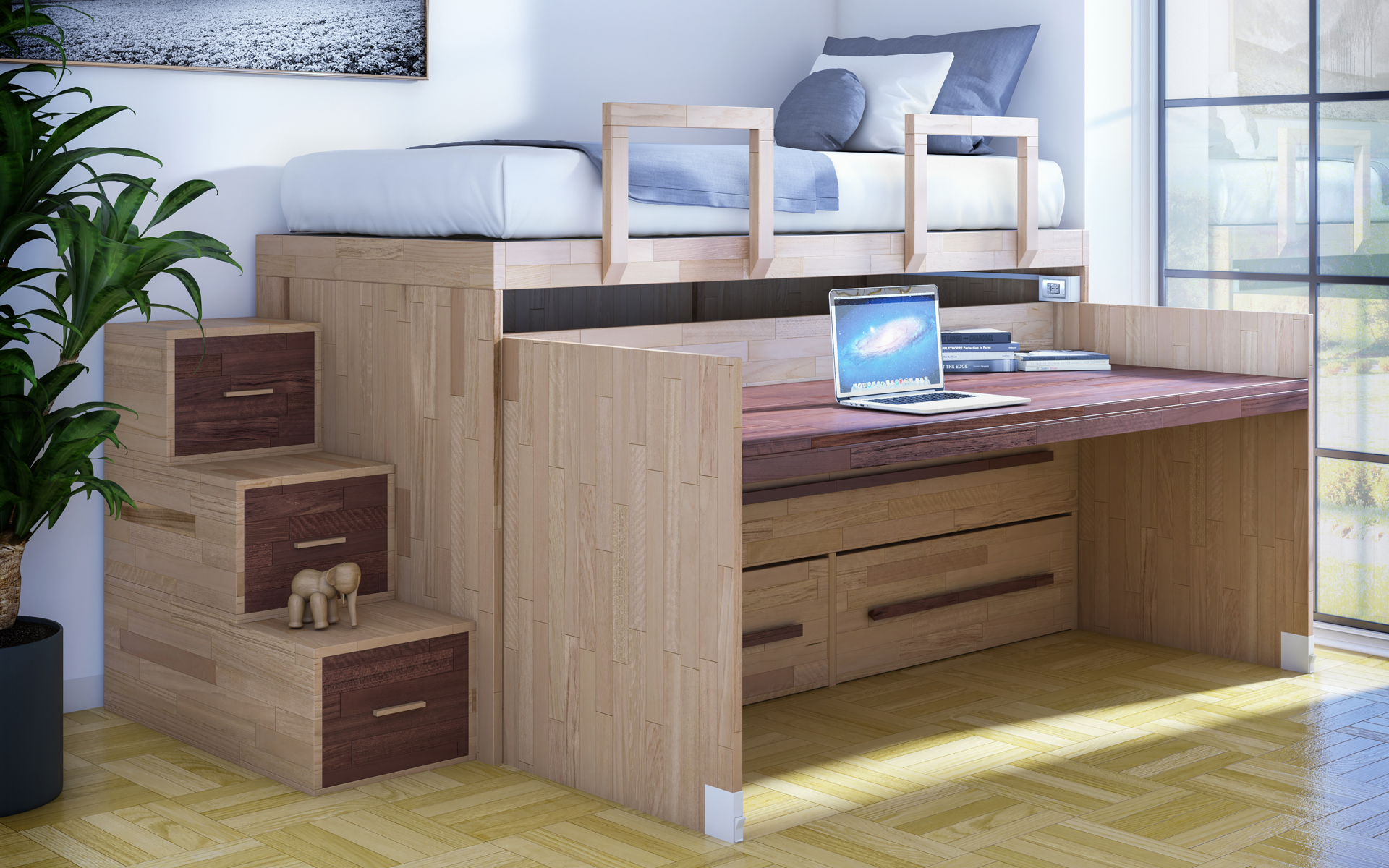 Pull-out SpazioBed: two beds, desk and storage drawers